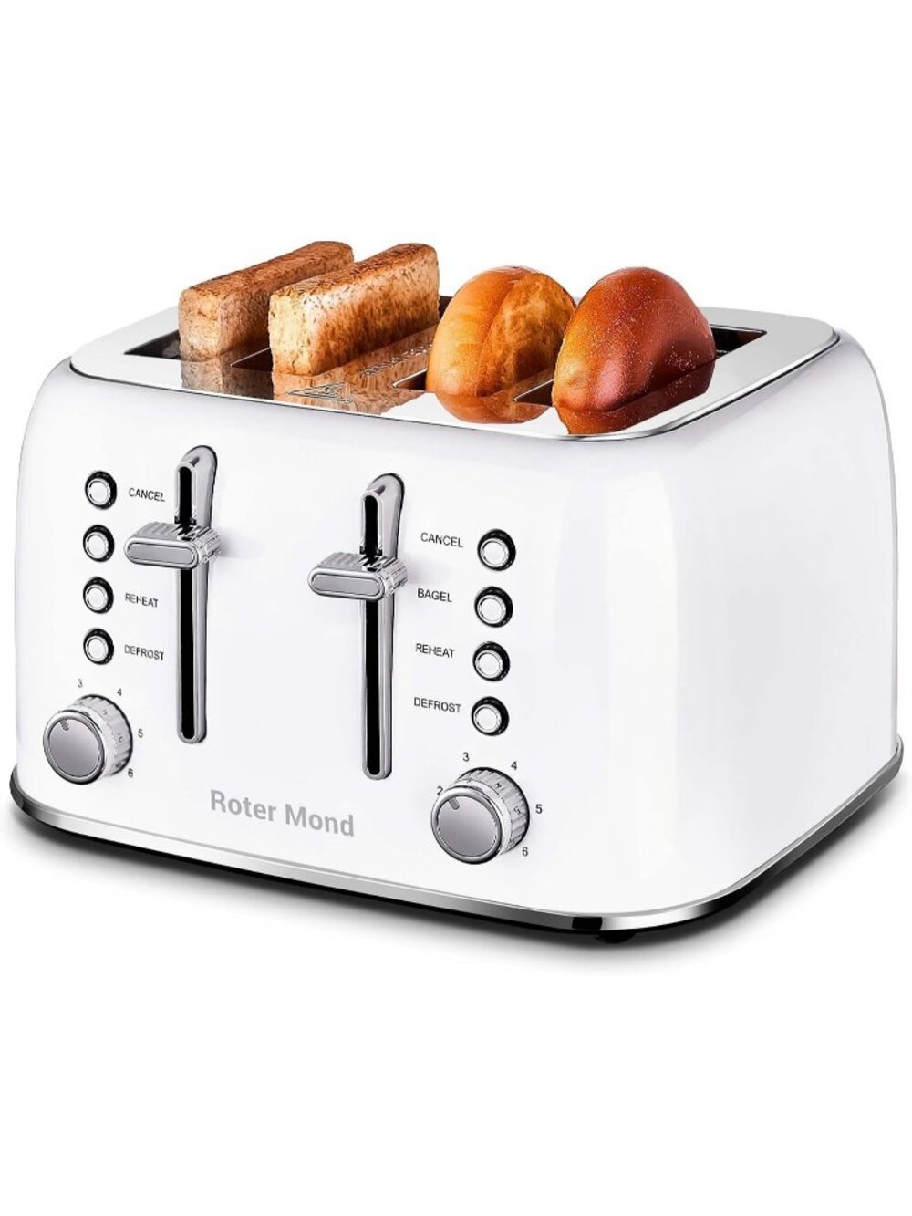 4 Slice White Retro Stainless Steel with Extra Wide Slots Bagel Defrost Toaster